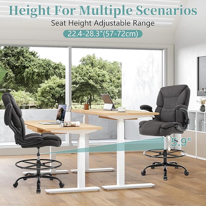 Ergonomic Drafting Chair, Tall Office Chair for Standing Desk, High Back Standing Desk Chair with Flip-Up Armrest, Adjustable Height & Foot Ring, Executive Fabric Extended Height Office Chairs, Black