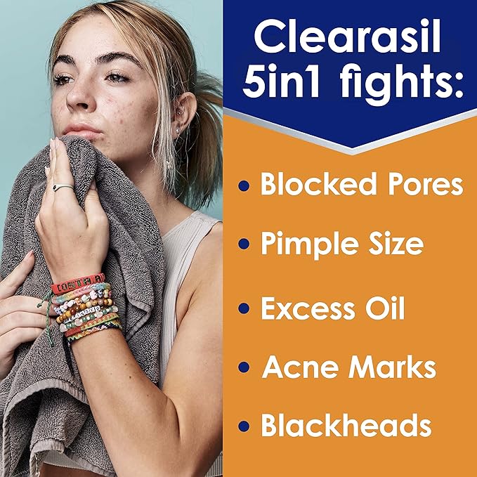 Clearasil Stubborn Acne Control 5in1 Daily Facial Cleansing Pads, with Salicylic Acid Acne Treatment Medicine, 90 Count