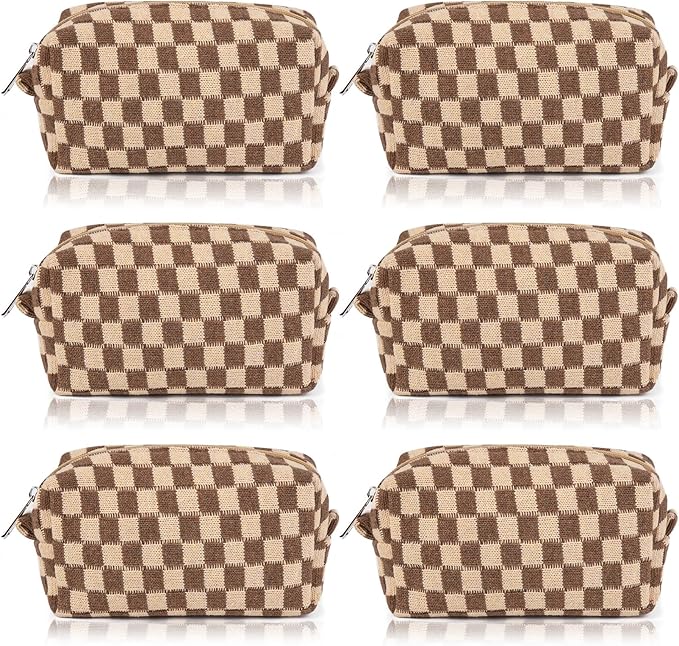 SOIDRAM Checkered Makeup Bag Preppy Cosmetic Bag Bulk Brown Makeup Pouch Personalize Travel Toiletry Bag Organizer Cute DIY Makeup Brushes Storage Bag for Women