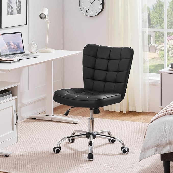 Yaheetech Modern Tufted Armless Desk Office Chair Faux Leather Upholstered Computer Chair with Adjustable Seat Height and Rolling Wheels for Home/Office, Black