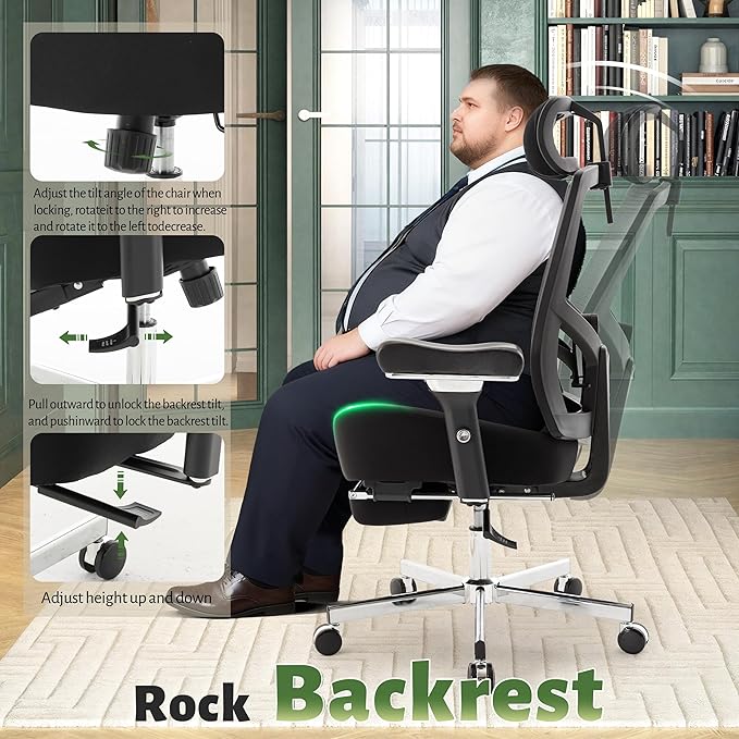 600LBS Big and Tall Office Chair,Ergonomic Mesh Office Chairs with Thick Oversized Spring Cushion,Executive Computer Desk Chair Adjustable Upgraded 4D Armrests,Footrest&Headrest for Home Office,Black