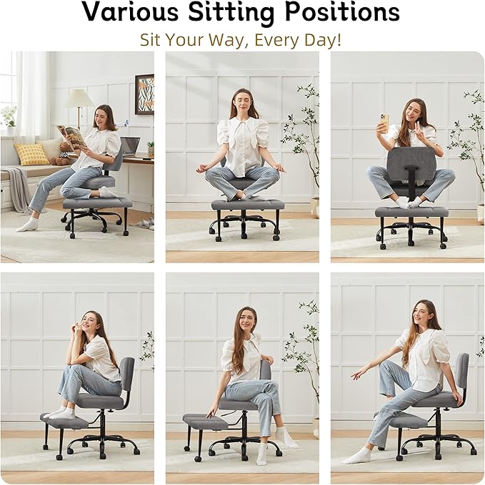 Criss Cross Legged Office Chair with Wheels,Swivel Meditation Chair for ADHD,Ergonomic Desk Chair with Thicken Adjustable Footstool,Fabric Sitting Fidgeting Kneeling Chair for Home Yoga Grey