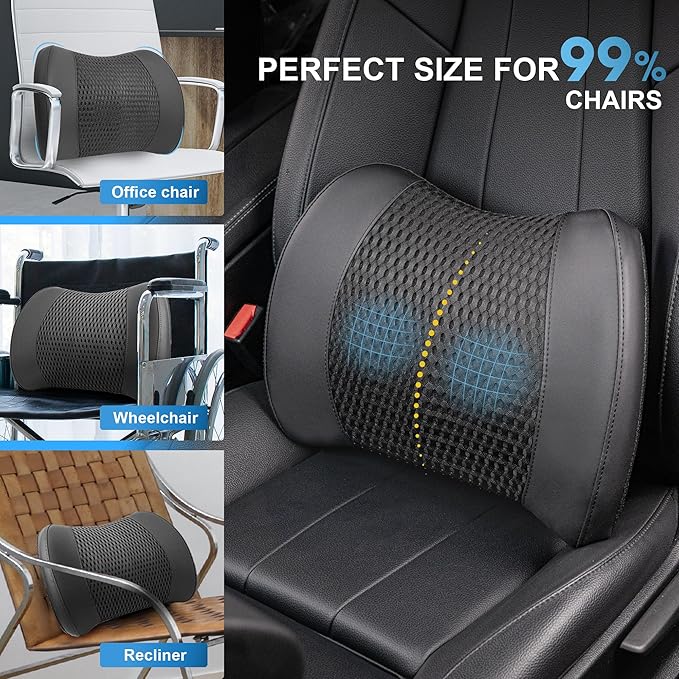 Memory Foam Lumbar Support Cushion Relieves Lower Back Pain Car Seat Office Chair and Wheelchair Back Pillow with Breathable 4D Mesh Black
