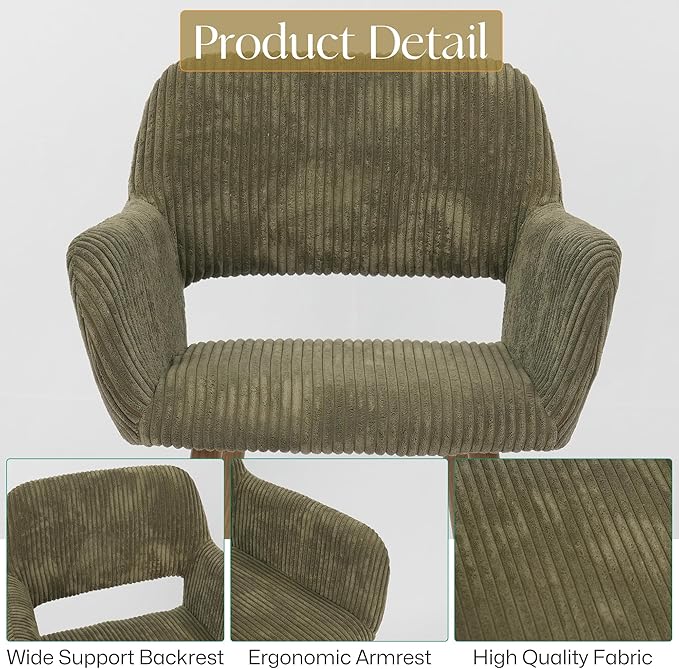 HENJIANYI Home Office Corduroy Desk Chair, Makeup Vanity Chair, Comfy Accent Armchair with Wood Grain Metal Legs, Cute Dining Chair with Hollowed Back, Green