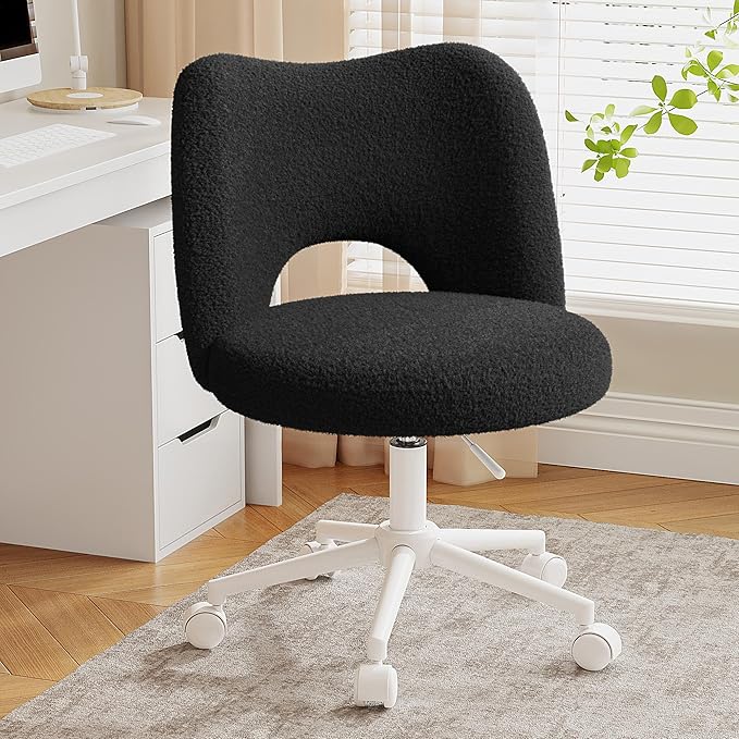 Small Vanity Chair with Silent Wheels Black, Cute Vanity Chair with Back,Ultra-Plush Fleece Cute Desk Chair, Small Office Chair Height Adjustable,for Make-up Room,Bedroom