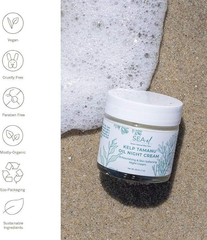 Sea-El Kelp Tamanu Oil Night Cream Hydrating Face Moisturizer Reparative Skin Softening Skincare - Nighttime Anti Aging Facial Lotion for Women & Men - 1 Oz