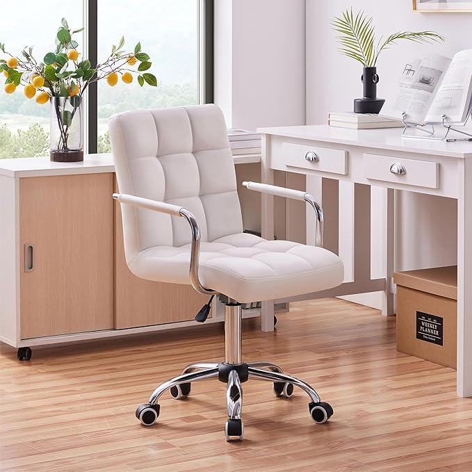 Yaheetech White Office Chair with Wheels and Armrests, Modern PU Leather Desk Chair, Mid-Back Adjustable Executive Chair, 360° Swivel