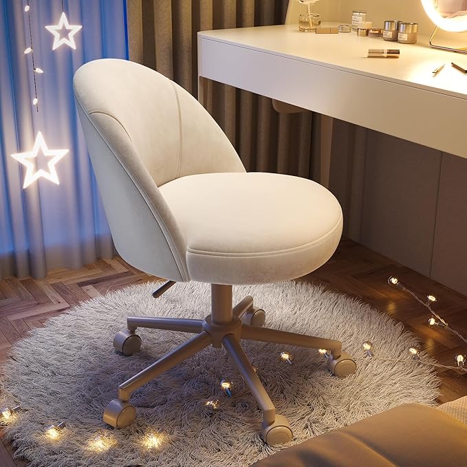 EnHomee Vanity Chair with Wheels, Small Office Chair with Back, Cute Armless Desk Chair for Makeup Room, Home Office,Bedroom, White