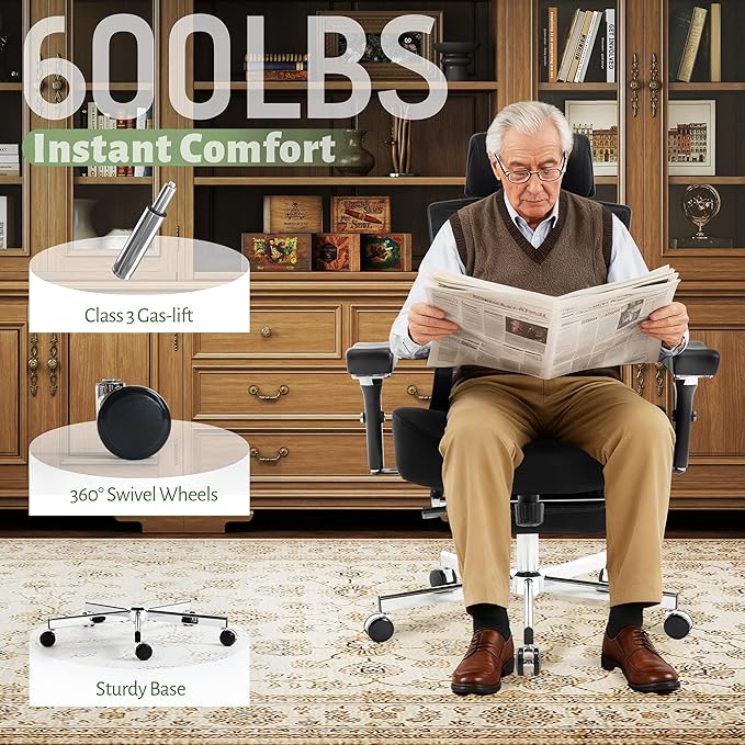 600LBS Big and Tall Office Chair,Ergonomic Mesh Office Chairs with Thick Oversized Spring Cushion,Executive Computer Desk Chair Adjustable Upgraded 4D Armrests,Footrest&Headrest for Home Office,Black