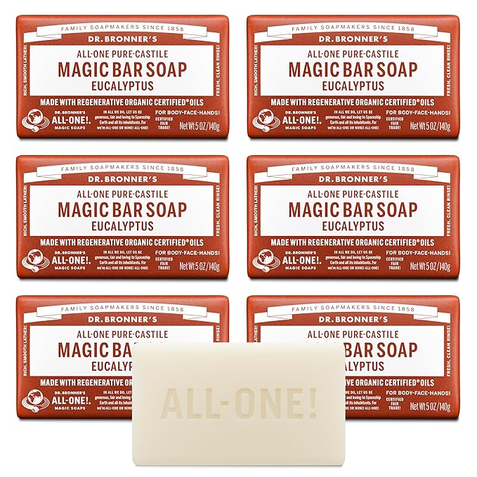 Dr. Bronner's Pure-Castile Magic Soap Bars (Eucalyptus, 5 oz, 6-Pack)- Made with Regenerative Organic Certified Oils for Face, Body & Hair - Gentle, Vegan- Bar Soaps for Men & Women