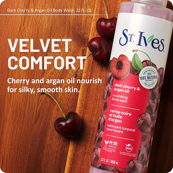 St. Ives Dark Cherry & Argan Oil Body Wash, Nourishing Body Care with 100% Natural Extracts, Moisturizing Body Soap, Daily Shower Gel Cleanser with Sweet Cherry Fragrance, 22oz