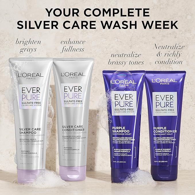 L'Oreal Paris EverPure Silver Care Sulfate Free Conditioner, Brightening and Nourishing Hair Care for Gray and Silver Hair, Vegan Formula with Peptides, 8.5 Fl Oz