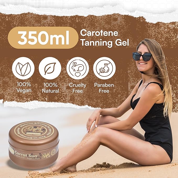 Carrot Sun Tanning Accelerator – 350ml Gold Tanning Gel – Natural Extract Sun Cream Dark Tanning Lotion for All Skin Types – Tan Lotion with Almond Oil for Even Beautiful Skin Coloring – SPF0