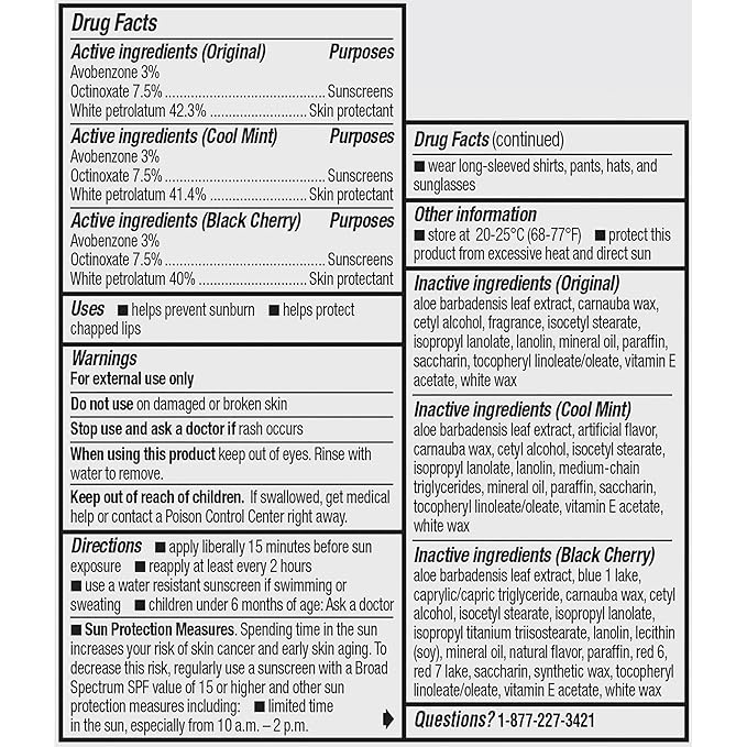 ChapStick Moisturizer 2-in-1 Lipcare SPF 15,Original,Black Cherry,Cool Mint,– Sunscreen Lip Balm with Aloe Vera and Vitamin E,0.15 Oz Ea,3 Count (Pack of 2)