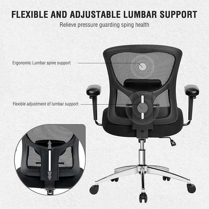 Bigroof Big and Tall Office Chair 600lbs, Heavy Duty Ergonomic Mesh Chair, Computer Executive Desk Chair with Wide Thick Seat, Adjustable Armrests, Lumbar Support (Black, 600LBS)