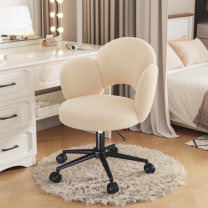 Petal Vanity Chair, Cute Vanity Chair with Wheels, Height Adjustable, Velvet Desk Chair for Study, Makeup & Relaxation, Creamy Beige