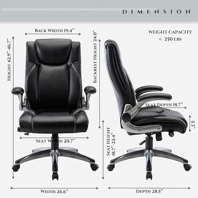 Executive Office Ergonomic Chair with Thick Bonded Leather, Flip-up Armrests, High Back Adjustable Height and Tilt for Working, Study, Gaming