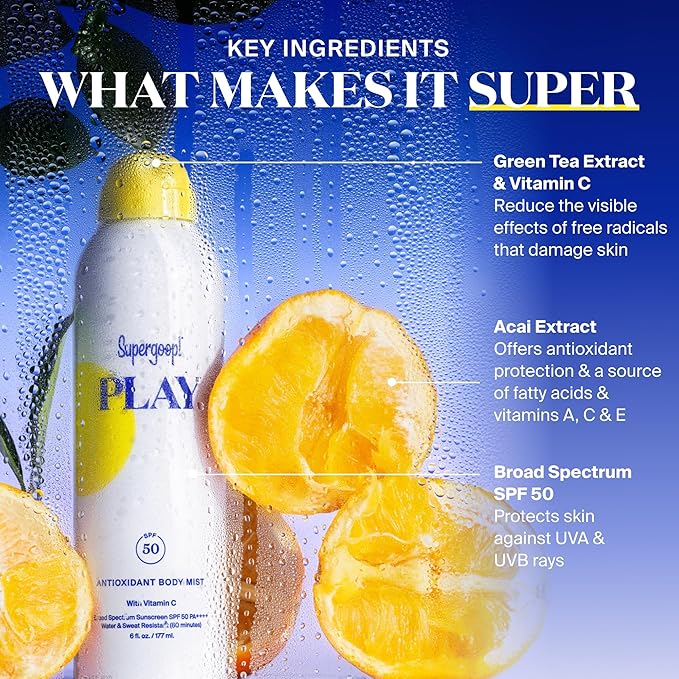 Supergoop! PLAY SPF 50 Antioxidant Body Mist w/Vitamin C - 3 fl oz, 2 Pack - Broad Spectrum Sunscreen Spray - Great for Active Days | w/Vitamin C, for Sensitive Skin