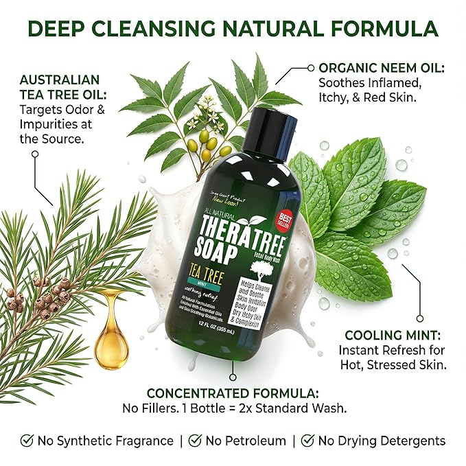 TheraTree Tea Tree Oil Soap & Body Wash with Neem Oil 12oz - Helps with Skin Irritation, Body Odor, Itchy Skin & Healthy Complexion - Natural Body & Foot Wash for Men & Women