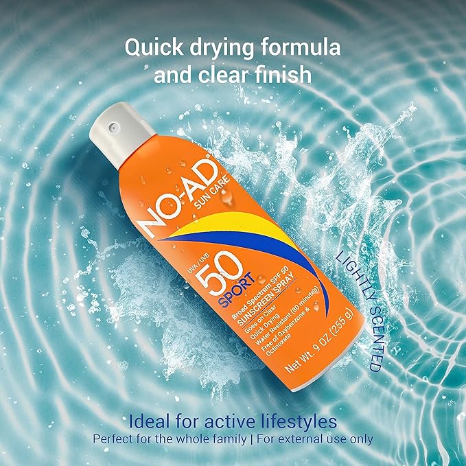NO-AD SPORT SPF 50 Sunscreen Spray | Non-Greasy, Waterproof and Non toxic Sunscreen | Body Sunscreen | Suitable for All Skin Types | Broad Spectrum Protection for Active Lifestyles | 9 oz | Pack of 2
