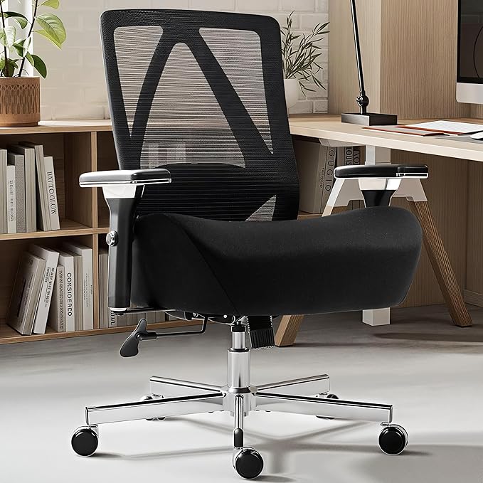 600LBS Big and Tall Office Chair,Ergonomic Mesh Office Chairs with Thicken Oversized Spring Cushion,Executive Computer Desk Chair Adjustable Upgraded 4D Armrests for Home Office,Black