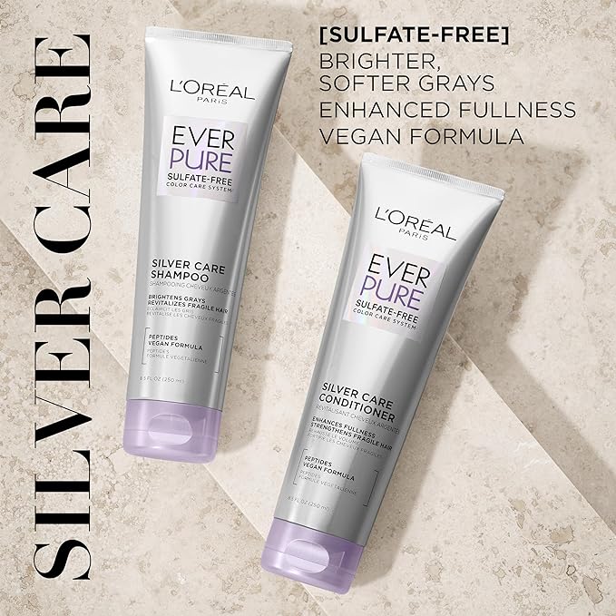 L'Oreal Paris EverPure Silver Care Sulfate Free Conditioner, Brightening and Nourishing Hair Care for Gray and Silver Hair, Vegan Formula with Peptides, 8.5 Fl Oz