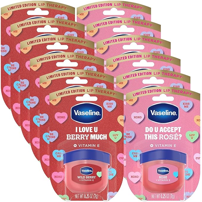 Vaseline Lip Therapy Mini Tinted Lip Balm Set, Valentine’s Day Limited Edition Rosé 6-Pack + Wild Berry 6-Pack with Vitamin E for Soft, Kissable Lips, 0.25 Oz Ea