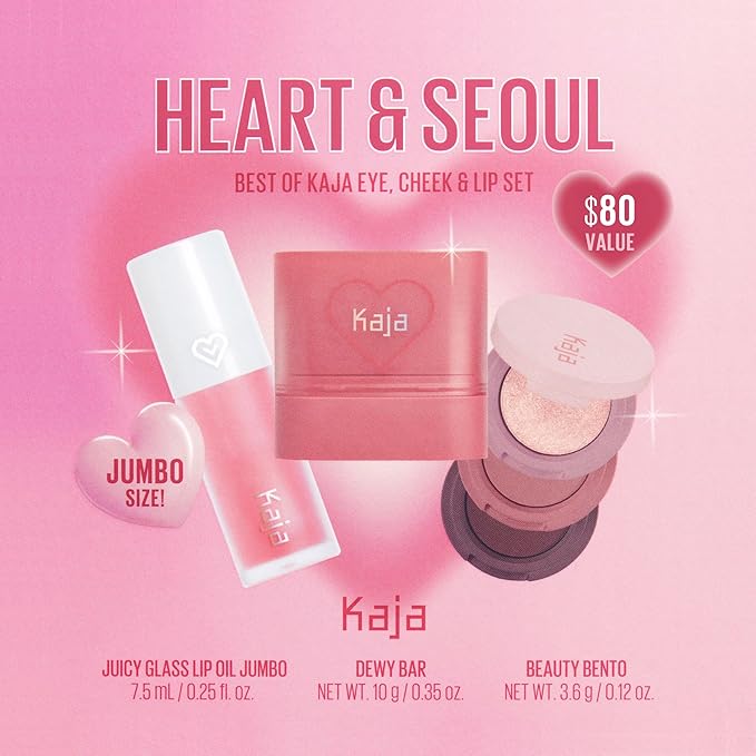 KAJA Heart & Seoul Best of Kaja Eye, Cheek & Lip Set - Includes Jumbo-Sized Plumping Lip Oil Gloss, Cheek & Lip Blush Dewy Bar & 3-Color Beauty Bento Eyeshadow Palette - Face Makeup Women Gift Set