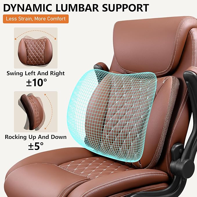 Office Chair, Ergonomic Desk Chairs with Lumbar Support for Lower Back Pain Relief, Executive Leather Chair with Padded Flip-up Armrests and Wheels, Brown