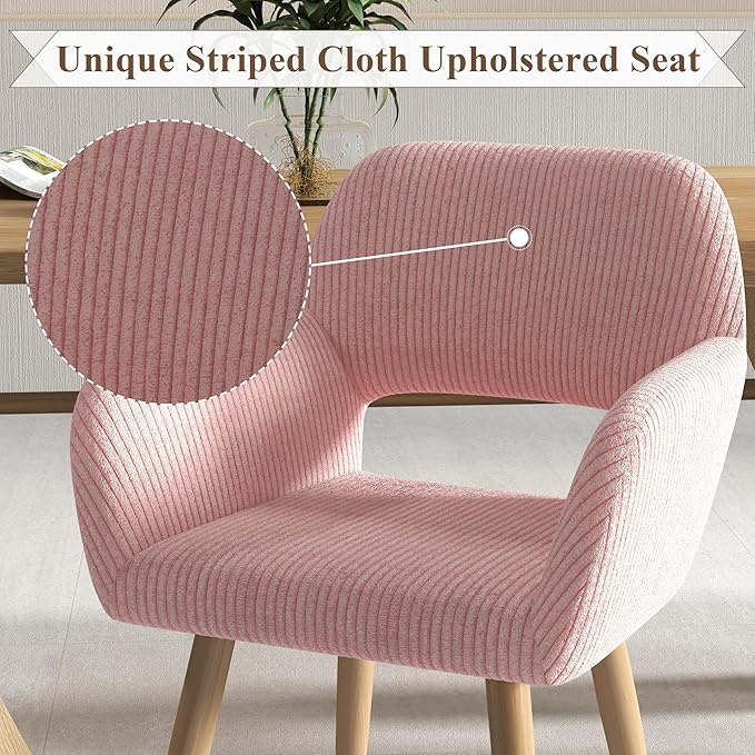 Home Office Desk Chair Set of 4, Corduroy Fabric Vanity Chair for Makeup with Hollow Backrest, Comfy Armchair Wood Frame with Strudy Metal Legs, Pink