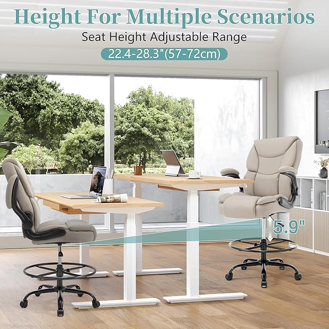 Ergonomic Drafting Chair, Tall Office Chair for Standing Desk, High Back Standing Desk Chair with Flip-Up Armrest, Adjustable Height&Foot Ring, Executive PU Leather Extended Height Office Chairs,Beige