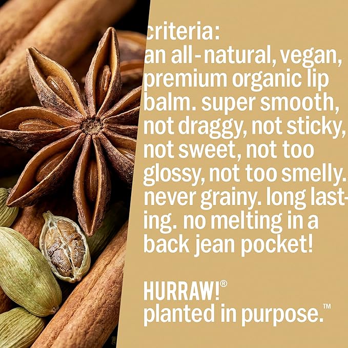 Hurraw! Chai Spice Lip Balm: Organic, Certified Vegan, Cruelty and Gluten Free. Non-GMO, 100% Natural Ingredients. Bee, Shea, Soy and Palm Free. Made in USA