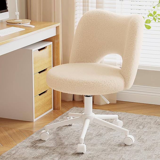 Vanity Chair with Wheels Armless, Cute Vanity Chair with Back,Ultra-Plush Fleece Cute Desk Chair, Small Office Chair Height Adjustable,for Make-up Room,Bedroom,Off-White
