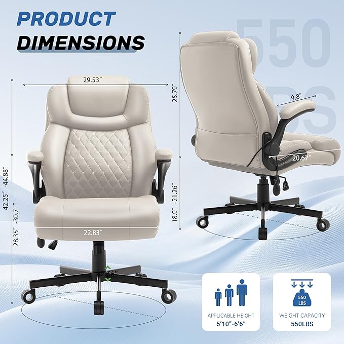 550LBS Big and Tall Office Chair, Comfy Heavy Duty Executive Chair with Adjustable Lumbar Support Double Spaces Casters, PU Extra Wide Seat Ergonomic Computer Desk Chair for Back Pain, BEIGEWHITE