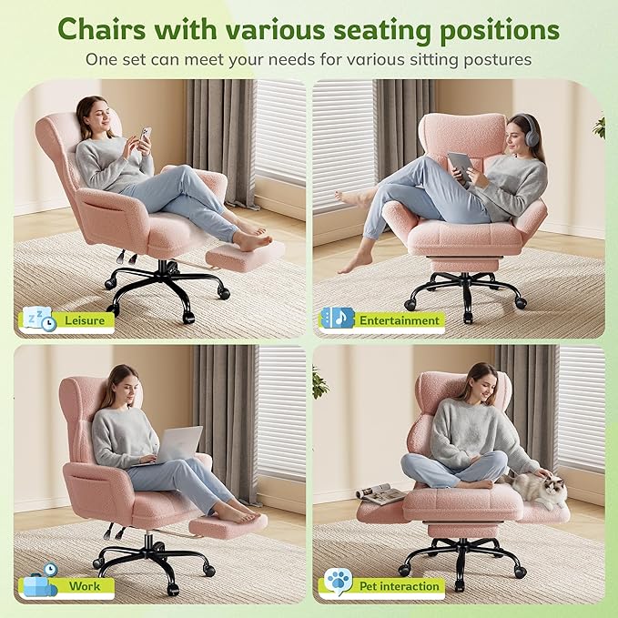 Big and Tall Office Chair with Adjustable Arms and Back, Ergonomic Office Chair with Footrest and Comfortable Fabric for Home Office, Bedroom,Pink