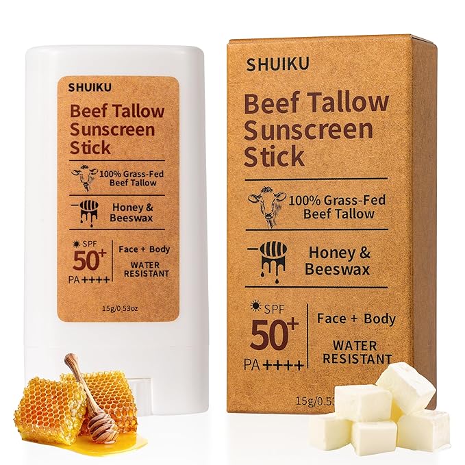 Beef Tallow Sunscreen Organic Stick SPF 50 – Non Nano Zinc Oxide Tallow-Based Mineral Sunscreen with Honey & Beeswax for Face & Body, Water-Resistant Natural Sunblock, 0.53 oz