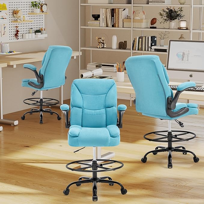 Ergonomic Drafting Chair, Tall Office Chair for Standing Desk, High Back Standing Desk Chair with Flip-Up Armrest, Adjustable Height & Foot Ring, Executive Fabric Extended Height Office Chairs, Blue