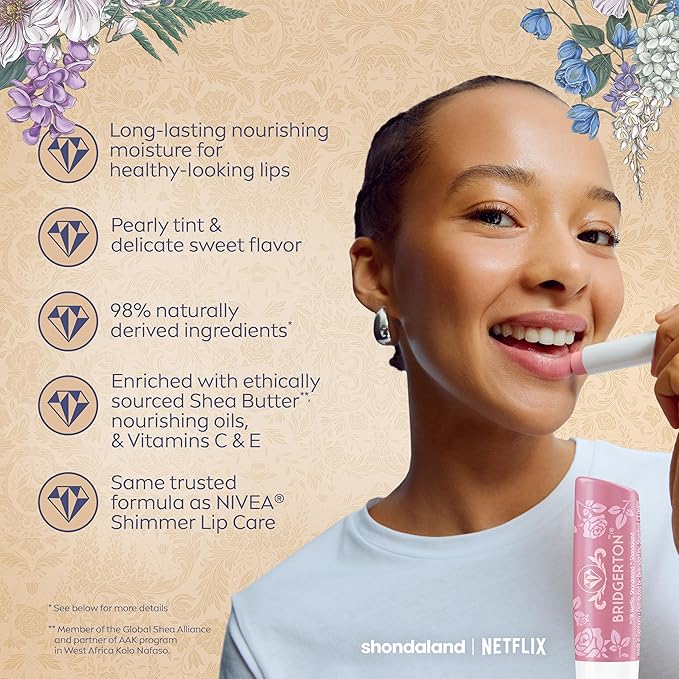 NIVEA Lip Care, Bridgerton Limited Edition Moisturizing Lip Balms with Shea Butter, Blackberry Pie, Peach Tea, Rose Meringue, and Vanilla Biscuit, Four 0.17 Oz Sticks