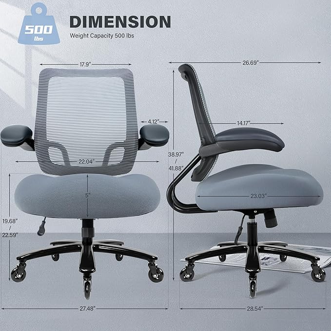 500LBS Big and Tall Office Chair with Flip-Up Armrests, Heavy Duty Office Chair for Heavy People, Memory Foam Seat Filling Springs, Grey