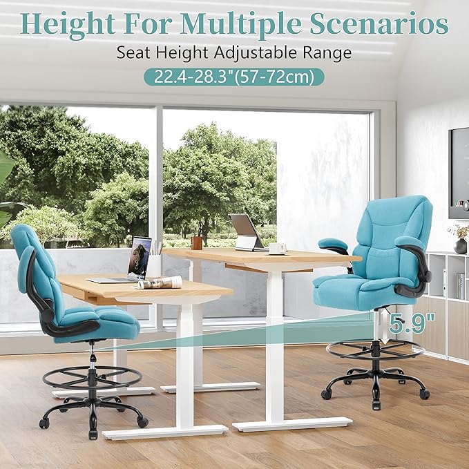 Ergonomic Drafting Chair, Tall Office Chair for Standing Desk, High Back Standing Desk Chair with Flip-Up Armrest, Adjustable Height & Foot Ring, Executive Fabric Extended Height Office Chairs, Blue