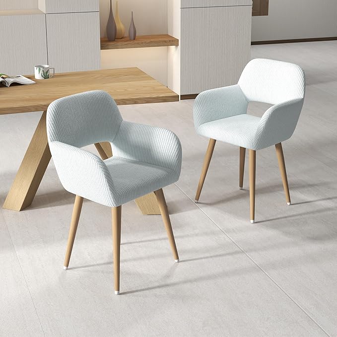 Home Office Desk Chair Set of 4, Corduroy Fabric Vanity Chair for Makeup with Hollow Backrest, Comfy Armchair Wood Frame with Strudy Metal Legs, Light Blue