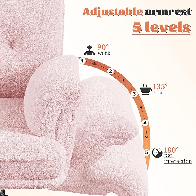 Big and Tall Office Chair with Adjustable Armrests & Wheels，145° Reclining Desk Chair Comfy,Pink Vanity Chair for Home,Office,Bedroom,Teddy Plush
