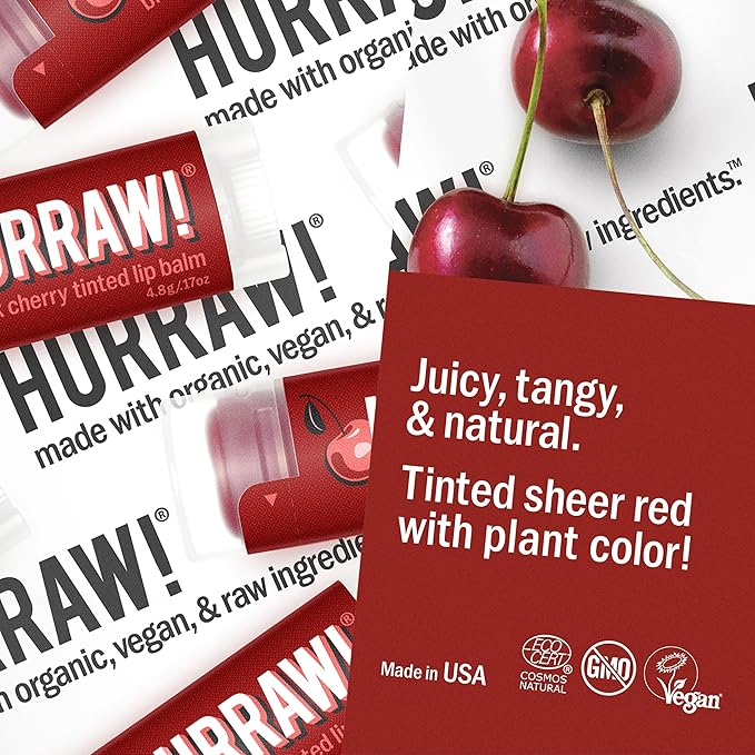 Hurraw! Black Cherry Tinted Lip Balm: (Sheer Red Tint) Organic, Certified Vegan, Cruelty and Gluten Free. Non-GMO, 100% Natural Ingredients. Bee, Shea, Soy and Palm Free. Made in USA