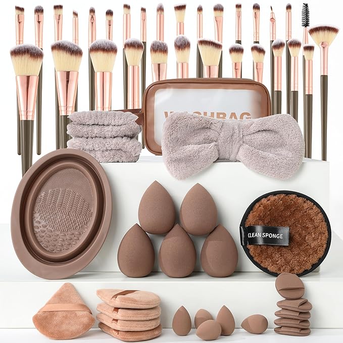 MULTIONS56PCS Makeup Brush Set with Sponge for Foundation, Concealer & Eyeshadow – Complete Brown Travel Kit for Flawless Application and Easy Portability