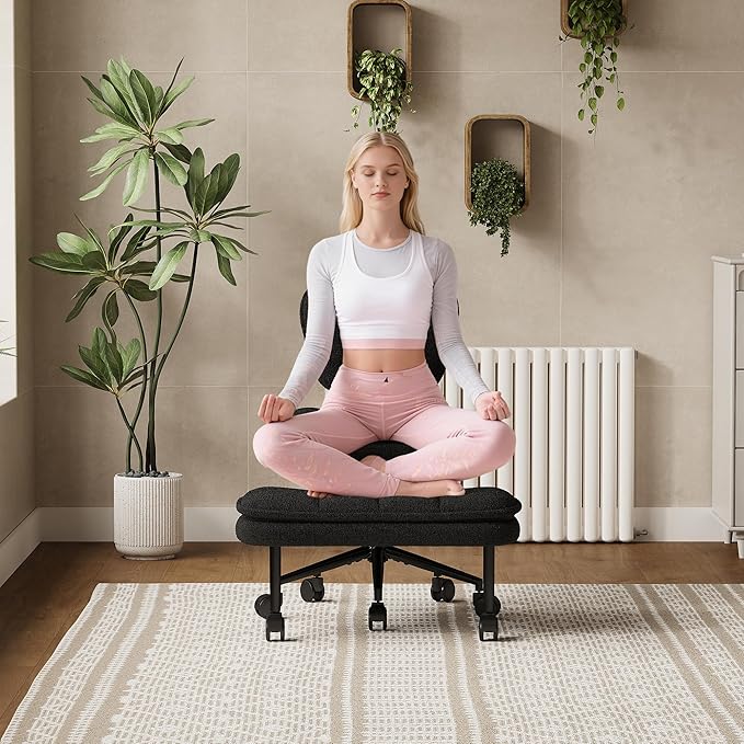 AODAILIHB Ergonomic Cross Legged Office Chair with Pull-Out Stool, 360° Swivel Teddy Fabric Meditation Chair with Wheels, Height Adjustable Kneeling Chair with Lumbar Support for Home Office, Black
