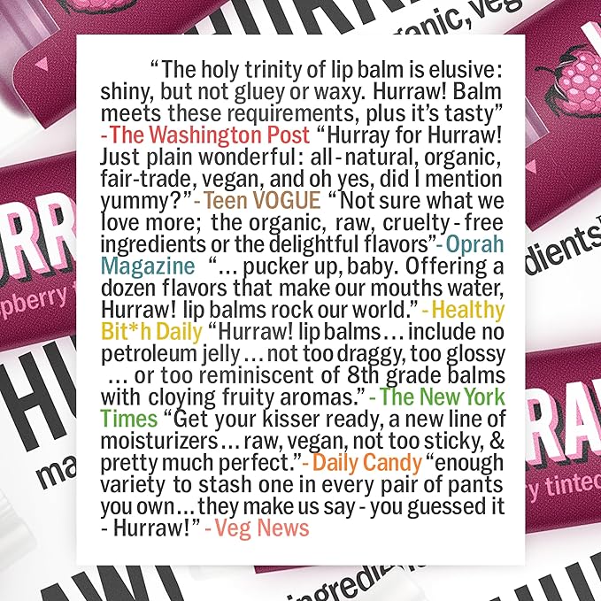 Hurraw! Raspberry Tinted Lip Balm: (Sheer Berry Tint) Organic, Certified Vegan, Cruelty and Gluten Free. Non-GMO, 100% Natural Ingredients. Bee, Shea, Soy and Palm Free. Made in USA