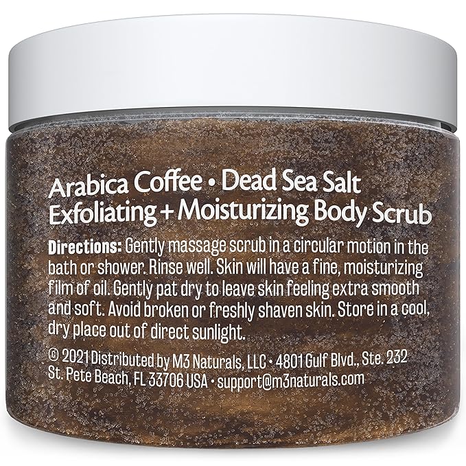 Arabica Coffee Scrub for Hands, Feet, and Body, Exfoliating Scrub with Collagen and Stem Cells, Face Cleanser for Cellulite, Fine Lines, and Stretch Marks, 12oz (1 Pack) by M3