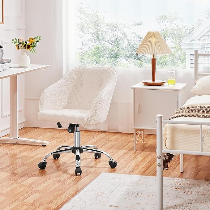 Yaheetech Boucle Desk Vanity Chair with Back Comfy Fluffy Swivel Office Chair with Wheels Adjustable Height Tilt Angle for Bedroom Ivory