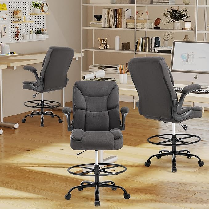 Ergonomic Drafting Chair, Tall Office Chair for Standing Desk, High Back Standing Desk Chair with Flip-Up Armrest, Adjustable Height & Foot Ring, Executive Fabric Extended Height Office Chairs, Black