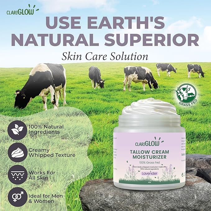 Whipped Beef Tallow Skin Moisturizer - 100% Grass Fed Beef Tallow Face Cream - Natural Lotion Balm Body Moisturizer with Honey & Lavender - 4 oz